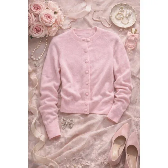 Aqua 100% Cashmere Crewneck Cardigan Cotton Candy Light Pink XS New With Tags - Picture 8 of 15